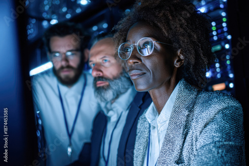 A focused team of professionals analyzes data in a server room, showcasing collaboration and expertise in technology.