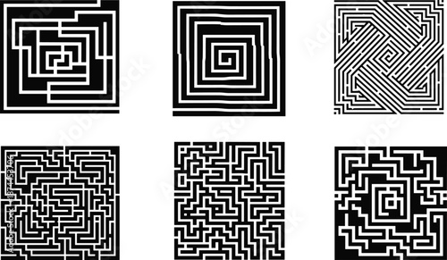 "Vector maze patterns including spiral, square, complex, and intricate designs, perfect for puzzles, games, and challenges."