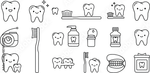"Vector illustration of cute smiling teeth, toothbrush, toothpaste, dental floss, and oral hygiene products for kids and adults."