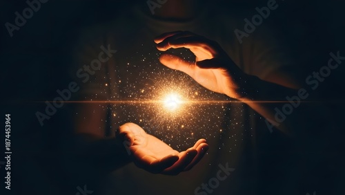 Glowing energy sphere held between human hands. Power of imagination and creative potential concept. Person manifesting a bright spark of light in a dark cinematic environment