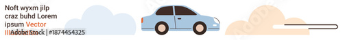 Transportation, travel, technology, speed, energy, motion. A blue car driving with stylized clouds and a progress indicator. Transportation and travel concepts are clearly