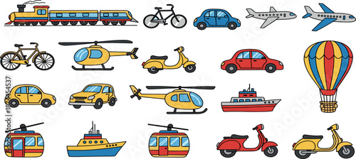 Various vehicles and transportation modes illustrated in a graphic collection