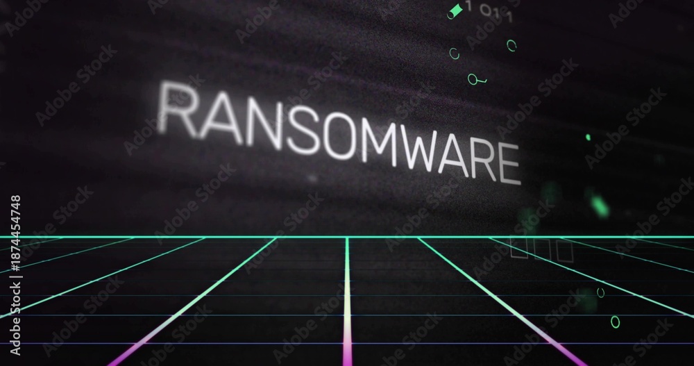 Naklejka premium Displaying white RANSOMWARE text hovering over neon grid floor in cyber terminal, with scanlines