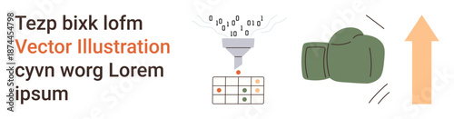 Data transformation, technology progress, conflict resolution, performance enhancement, business growth, digital tools. Illustration shows data funnel, boxing gloves upward arrow. Data