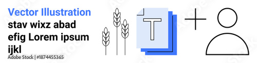 Agriculture, text editing, minimalism, icons, document organization, design concepts. Black wheat stalks, letter T on layered files plus sign and human icon. Agriculture and text editing ideas