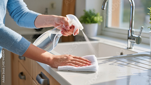 woman cleaning kitchen, Surfaces are shiny and clean, A microfiber cloth is effective, Home maintenance is very important, Housework is done with care