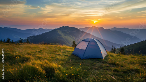 Camping tent high in the mountains. tourist tent camping in mountains at sunset