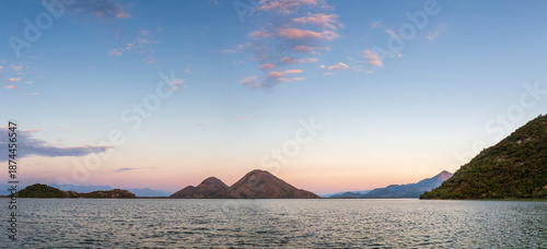 Panoramic of the shores of the Skadar lake at sunset. Montenegro.