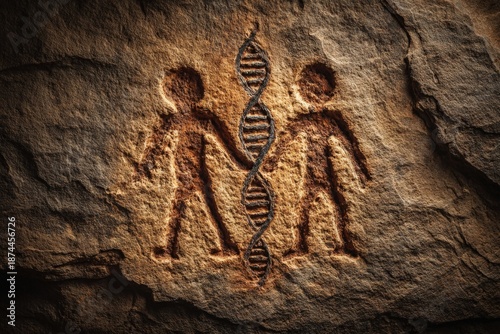 Stone carving of two humans linked by DNA helix
