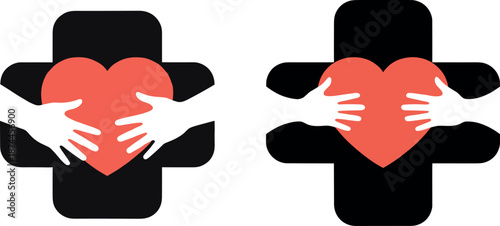 Tableau sur toile Medical cross logos featuring a red heart being held by hands