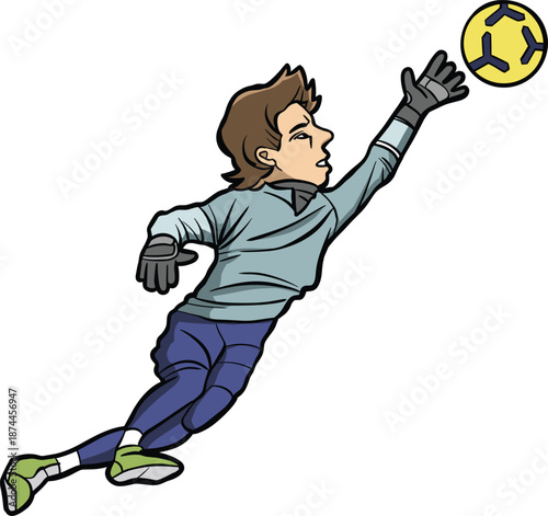Cartoon soccer goalkeeper diving to catch a ball