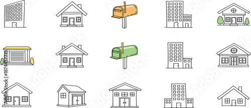 Collection of various house and building illustrations from different viewpoints