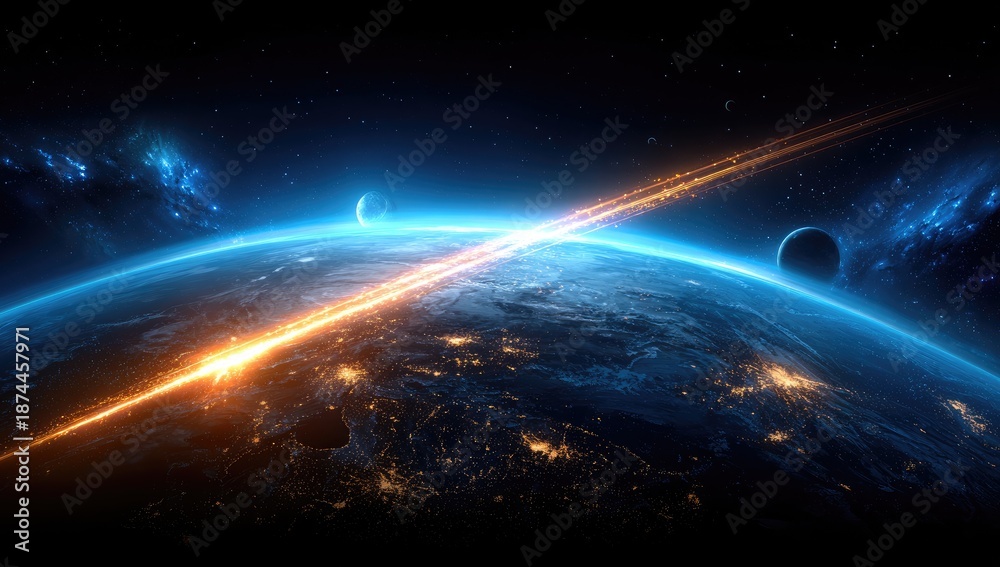 Obraz premium Earth under cosmic attack. Fiery streaks crisscross space, illuminating a detailed Earth, with glowing cities. Two other planets flank it