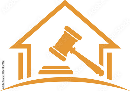 Gold gavel silhouette inside a house outline for legal or real estate services