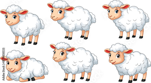 Set of Six Cute Cartoon Sheep Characters Featuring Diverse Poses Including Standing Walking and Resting for Children Education Nursery Decor and Farm Animal Mascot Design