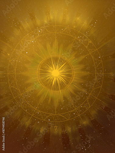 Golden Cosmic Energy: Abstract Spiritual Art with Astrological Symbolism and Mystical Patterns in a Celestial Background