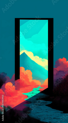 Colorful Abstract Door to a Dreamy Mountain Landscape: A Vibrant Pathway to Adventure and Exploration