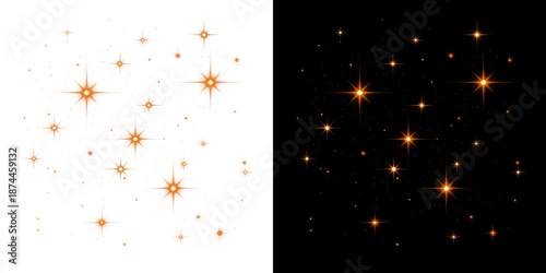 Bright orange star-shaped objects with glowing highlights, abstract creative symbol on a transparent background