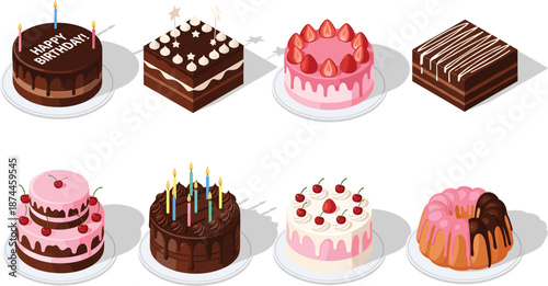 Set of isometric birthday cake vectors including chocolate brownies strawberry gateau and bundt cakes with candles for celebrations.