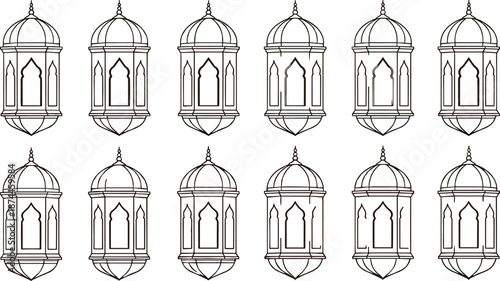 Vector Collection of 12 Traditional Islamic Lantern Line Art Illustrations Featuring Ornate Arch Windows and Decorative Finials for Ramadan Kareem and Eid Mubarak Festival Graphic Design