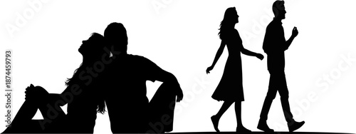 Couple silhouette illustration, sitting and walking poses, emotional connection, black and white romantic design for story, relationship, sticker, graphic use