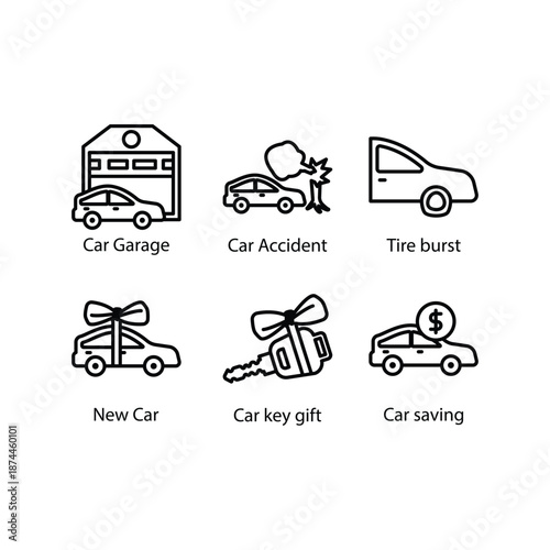 Car Garage, Car Accident, Tire burst, New Car, Car key gift, Car saving, icon