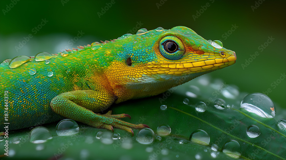 Obraz premium Macro Close-Up of Green Lizard with Water Drops in Tropical Habitat: Detailed Wildlife Photography