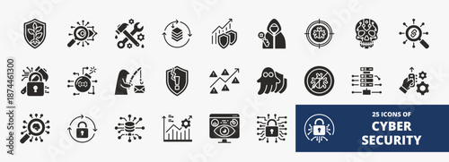 Set of a collection of cyber security icons suitable for web and mobile application. Set of glyph style icons with secure, engineer, vulnerability, malware, phishing, and more icons