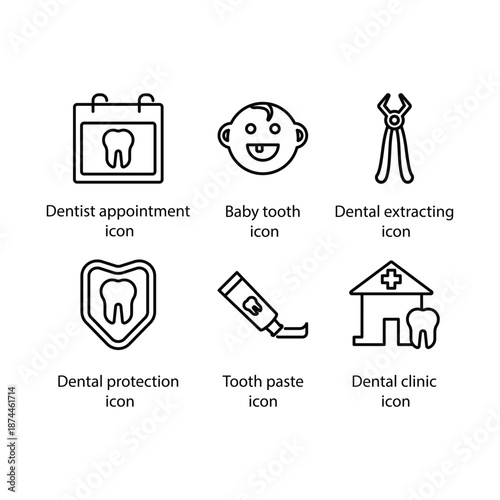 Dentist appointment, Baby tooth, Dental extracting, Dental protection, Tooth paste, Dental clinic, icon