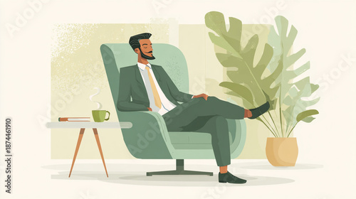 Business professional unwinding in a soft, calming setting, representing relaxation priority, mental health, and career harmony.