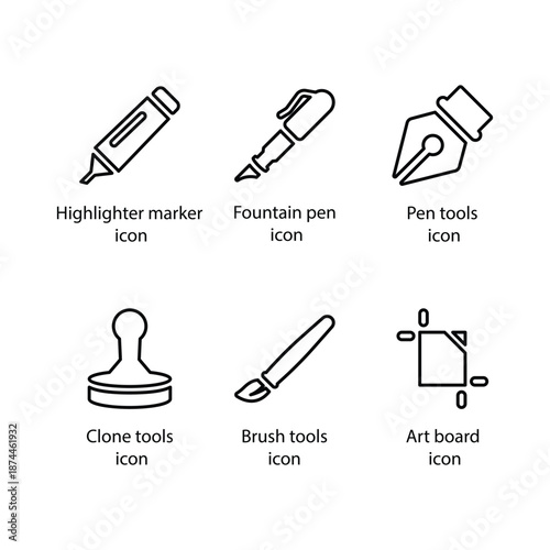 Highlighter marker, Fountain pen, Fountain pen, Clone tools, Brush tools, Art board, icon