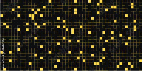 A digital artwork featuring a grid of small yellow squares on a black background