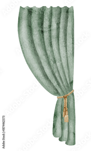 Wallpaper Mural Curtain watercolor illustration. Clipart with green vintage theater drapery for childish invitations or carnival baby design. Element for stage on isolated background. Cloth for retro scene. Torontodigital.ca