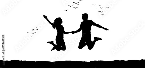 Jumping couple silhouette, holding hands, flying birds, joyful motion, emotional connection, black and white romantic illustration for design, story, sticker, graphic use
