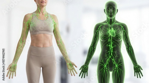 Anatomy of the Human Body: A medical illustration showcases the intricate network of the lymphatic system, superimposed over an athletic female figure, giving a look at a healthy body and wellness.