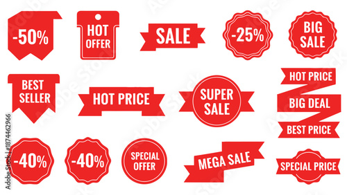 A collection of red sale and discount stickers on a white background