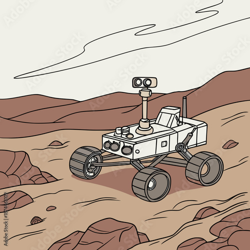 Mars rover on rocky terrain robot spacecraft desert landscape