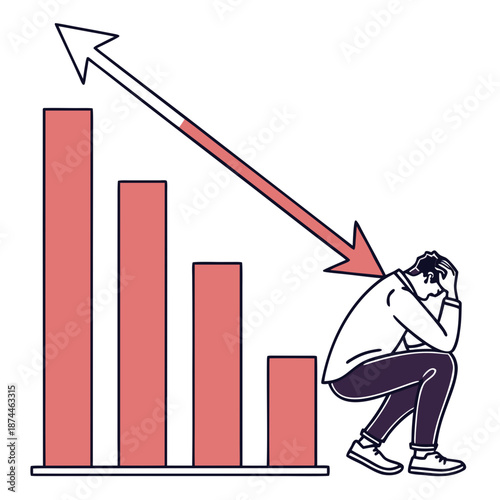 Man sitting next to decreasing bar graph with arrow