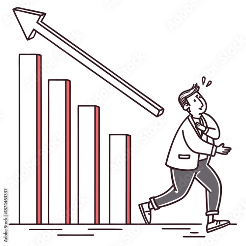 Man running from falling bar graph with arrow decreasing