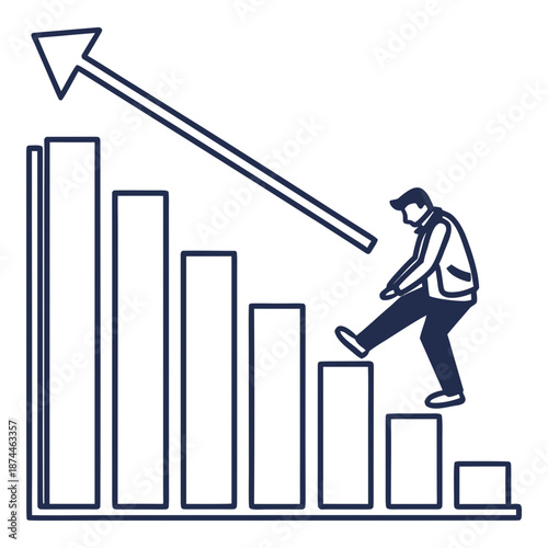 Of man stepping down from decreasing bar graph with downward arrow