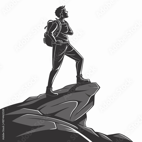 Hiker standing on rocky ledge with backpack confident stance
