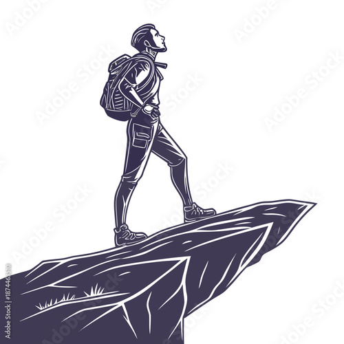 Hiker standing on rocky ledge with backpack looking out