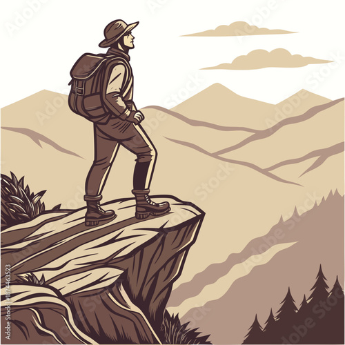 Mountain adventurer standing tall on cliff edge overlooking mountains