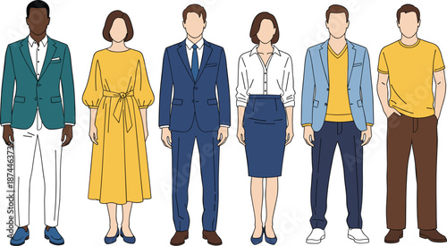 Collection of diverse people wearing business and casual clothing in flat vector style including professional office outfits and lifestyle attire