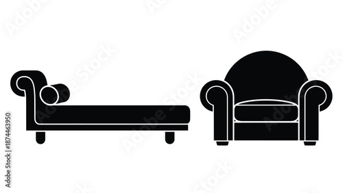 A simple black and white illustration of a chaise lounge and armchair