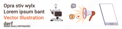Artificial intelligence, digital marketing, financial technology, automation, communication, customer service. Robot with icons, megaphone and smartphone. Artificial intelligence and digital