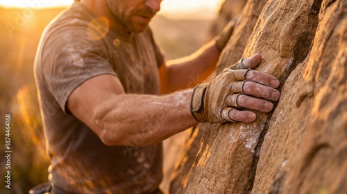 A climber grips the rough s...