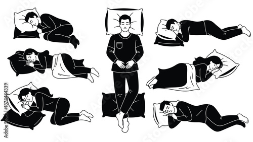 A black and white illustration of various sleeping positions for men and women