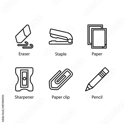 Eraser, Staple, Paper, Sharpener, Paper clip, Pencil, icon