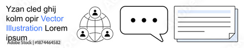 Collaboration, networking, social interaction, teamwork, communication, online learning. Connected person icons, speech bubble notepad layout. Collaboration and networking visuals concept